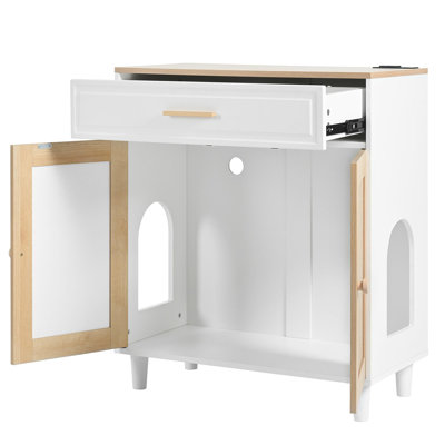 3 IN 1 Cat Furniture, Litter Box Enclosure With Cat Scratcher, Cat House Modern Side Table With Storage