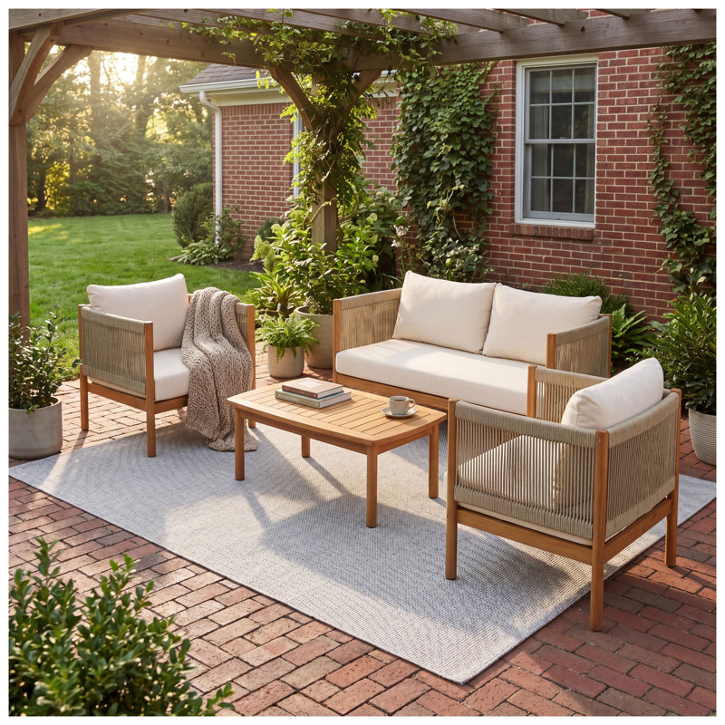Ensemble de conversation de patio 4 pièces avec cadre en bois d'acacia, finition teck et sièges décoratifs en corde beige