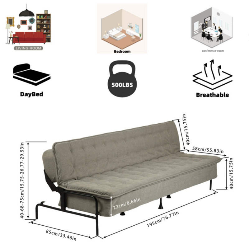 Modern Futon Sofa Bed, 3-position Adjustable Backrest, Metal Frame,capacity 500 Lbs, Convertible Daybed For Living Guest Studio Apartment，grey
