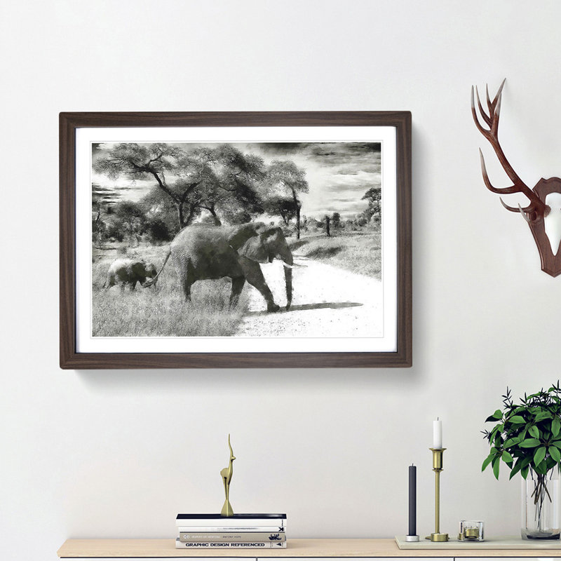 Mother and Baby Elephant Strolling - Picture Frame Photograph Print, 24cm H x 33cm W x 2cm D, Walnut Framed