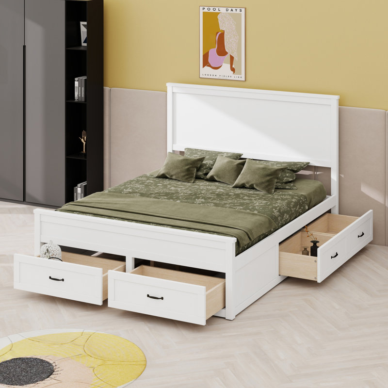 Base de lit avec rangement moderne en bois avec 6 tiroirs, lit plateforme avec support en lattes de bois, Blanc