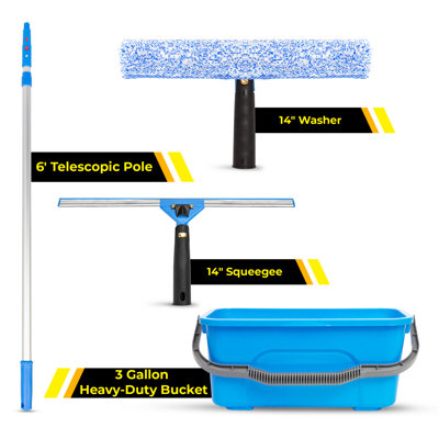 Pro Window Washing Kit with with 14" Squeegee, 14" Washer, 6' Telescopic Pole and 3 Gallon Heavy-Duty Bucket, 2 Pack