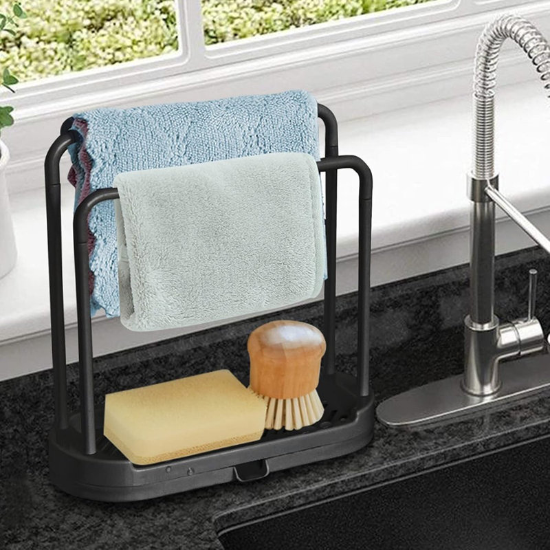 Kitchen Sink Rack & Tray Organizer Stand For Sponge, Dish Cloth, Brush, And Scrubber Storage, Black
