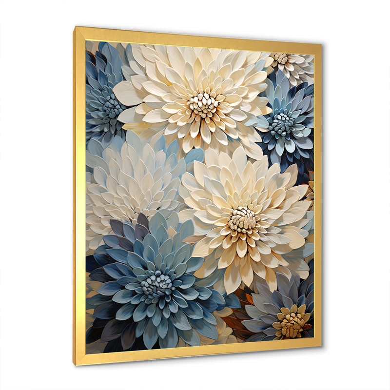 Minimalisme «Blooming Mums» en beige et bleu pâle III sur toile, Cadre doré simple, H 44 po x l 34 po x P 1,5 po