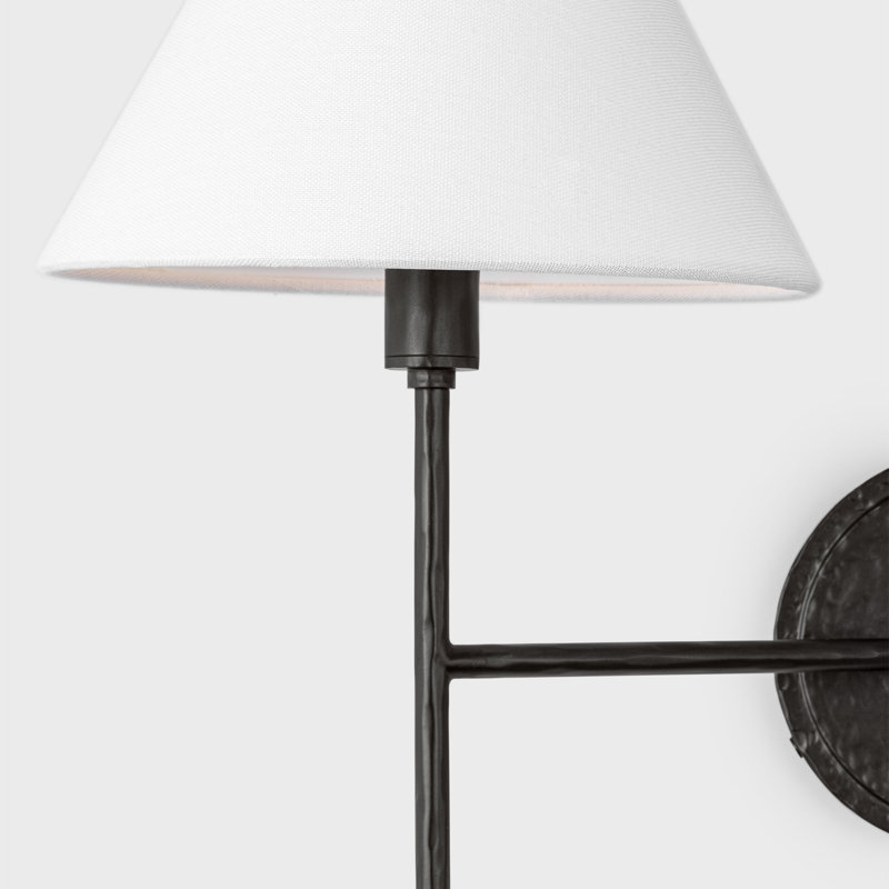 Chapman & Myers Ridgewood Bathroom Bedroom Wall Fixture With White Linen Shade, 14.25" H x 19" W x 9.375" D, Aged Iron