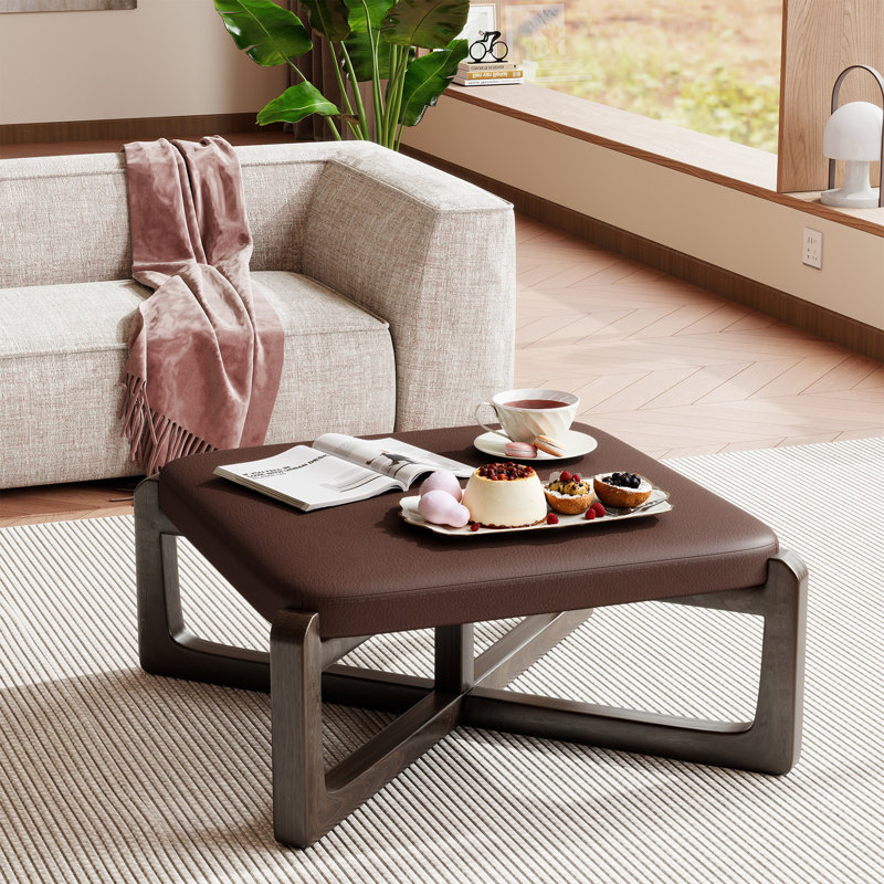24" Wide Faux Leather Upholstered Square Ottoman, Dark Brown