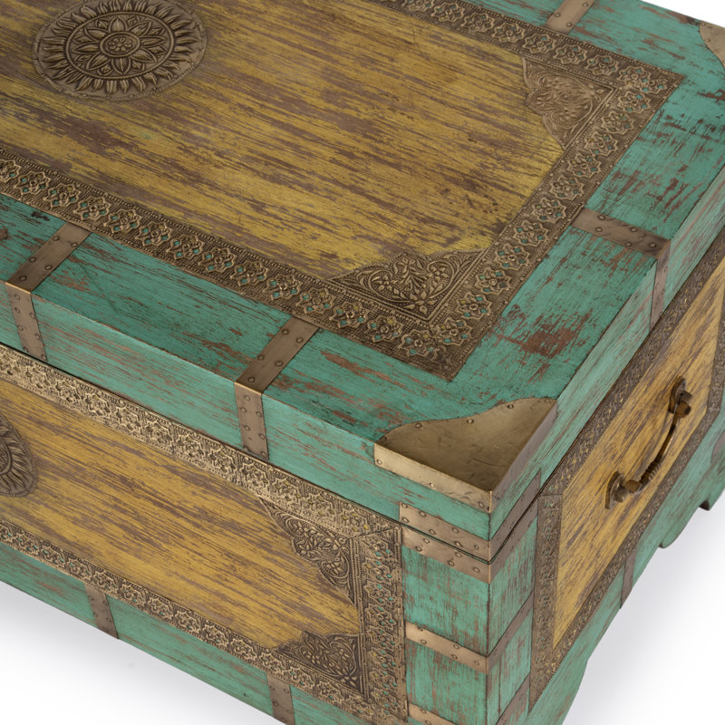 Nador Hand-Painted Brass Inlay Storage Trunk Coffee Table, Green/ Gold