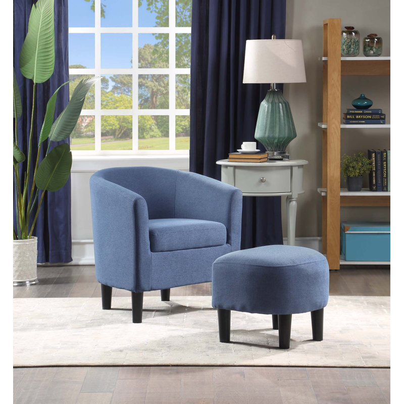 Anges Upholstered Barrel Chair with Ottoman, Blue Linen