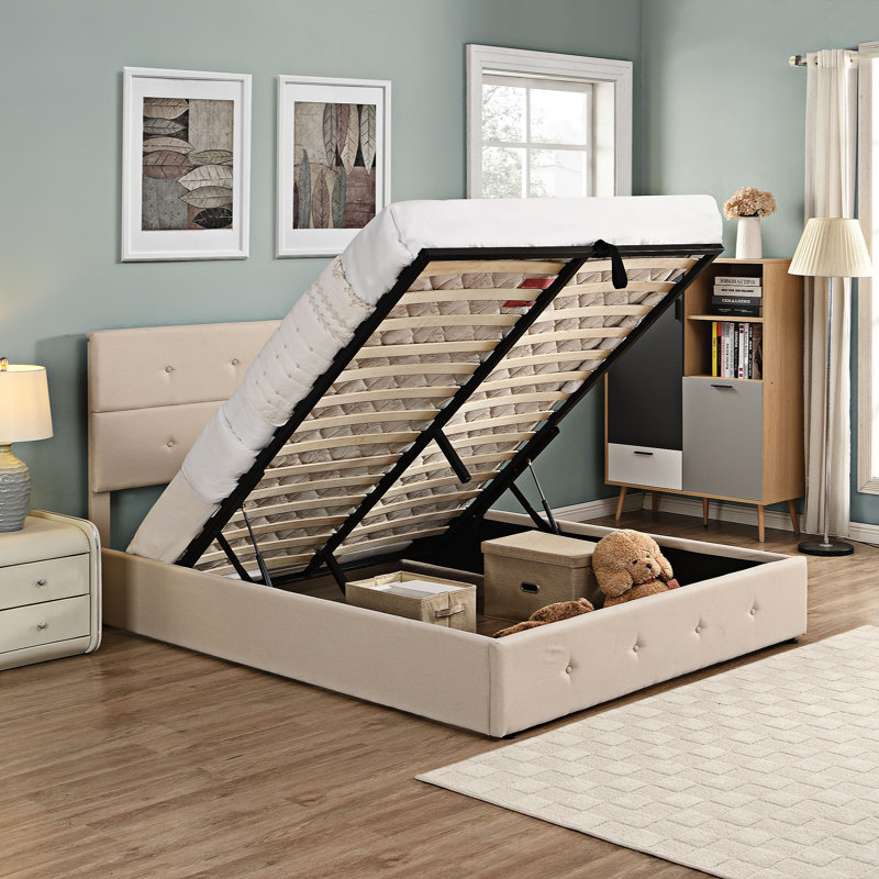 Grand lit plateforme capitonné avec rangement, Beige
