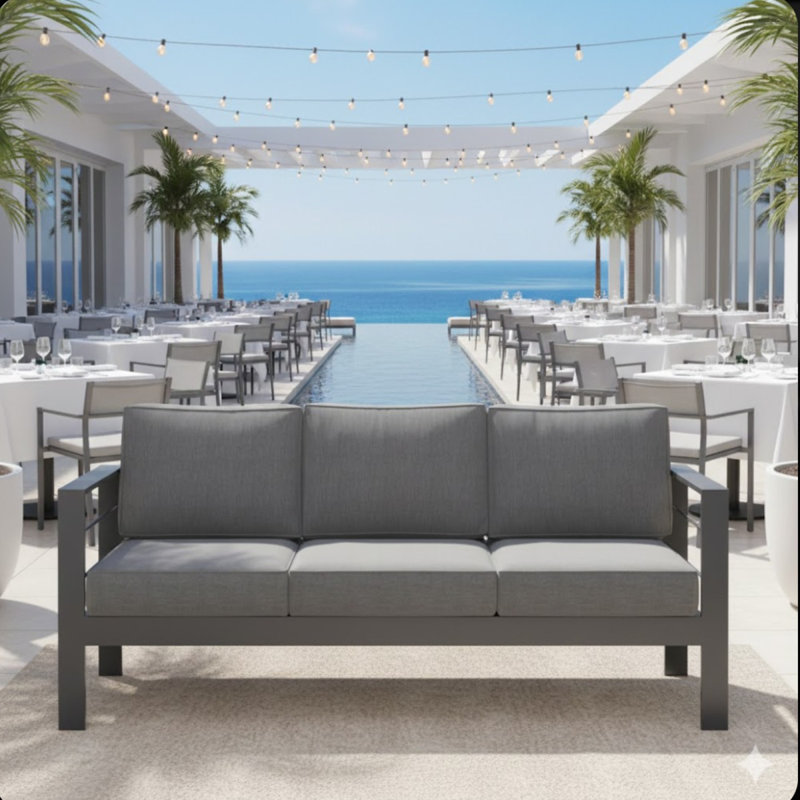73" All-Weather Aluminum Patio Sofa, 3 Seat Outdoor Couch With  Thick Dark Gray Cushions & Gray Frame, Gray, Dark Gray