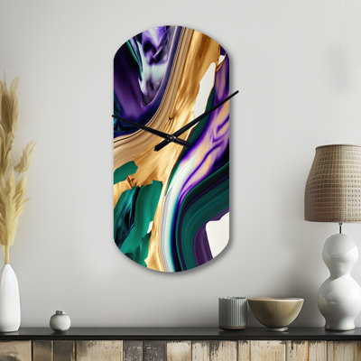 Nelissen Purple, Green And Gold Bold Strokes I - Abstract Cylinder Metal Wall Clock, Modern Asymmetrical Wall Clock Print
