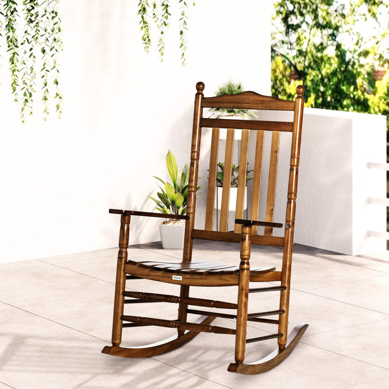 Chaise berçante à haut dossier en bois pour le porche Outsunny, Brun
