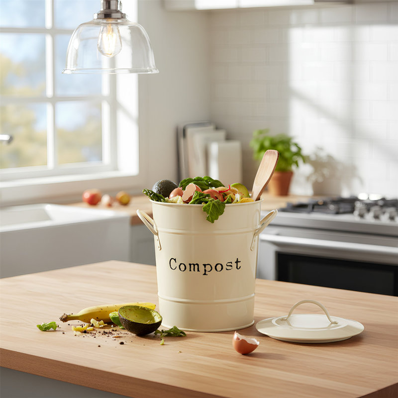 Harbour Housewares - Vintage Metal Kitchen Compost Bin, Cream