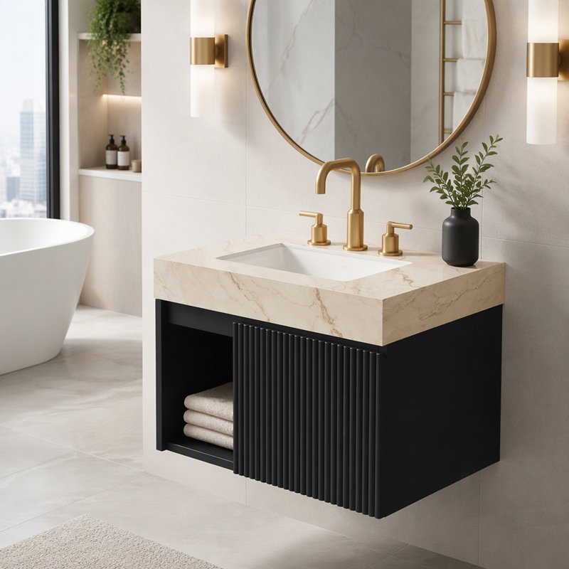 Meuble-lavabo avec comptoir en pierre frittée veinée gris Carrara et 2 lavabos en céramique, armoire de rangement suspendue, couleur noire, démonté