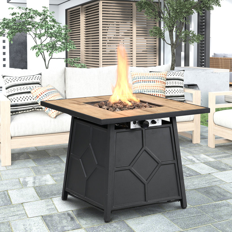 Fire Pit Table, 28-Inch Square 40,000 BTU Auto-Ignition Propane Gas Firepit With Waterproof Cover, Brown