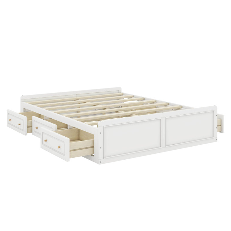 Queen Size Platform Bed Frame With 6 Drawers, White