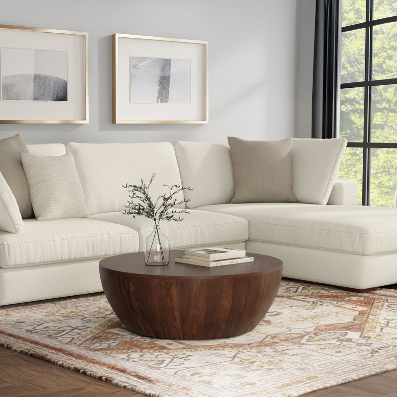 Elmbrook 34"W Solid Mango Wood Modern Industrial Drum Coffee Table, Assembled, Walnut Brown