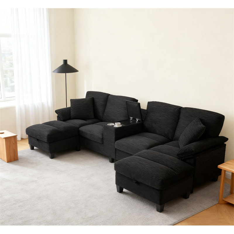Canapé modulaire moderne en forme de U avec canapé rembourré en velours côtelé de 116,9 po, Noir