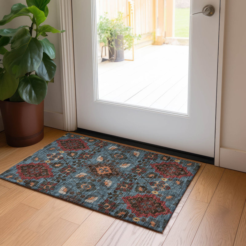 Denim Blue and Red Synthetic Washable Rectangular Rug