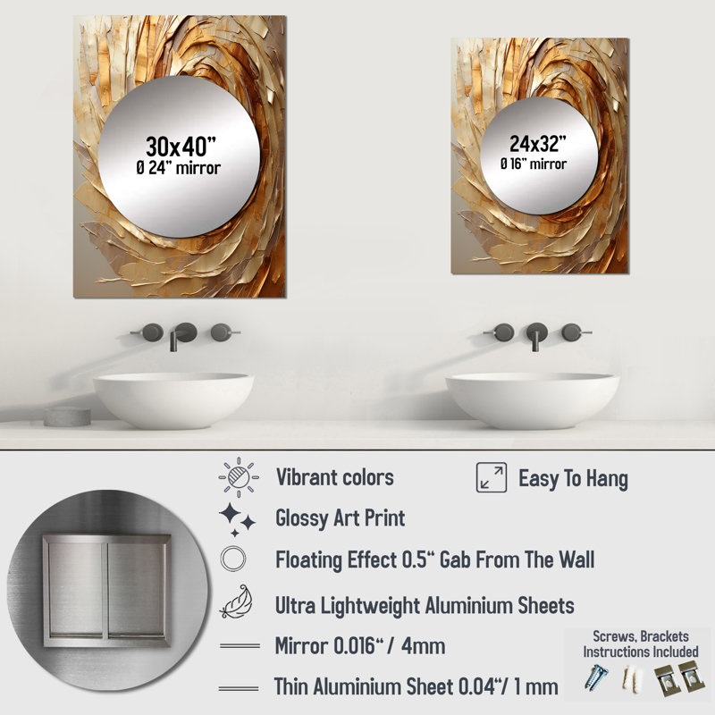Brun doré, spirale moka - spirale abstraite, miroir mural, art brun, 32 po x 24 po
