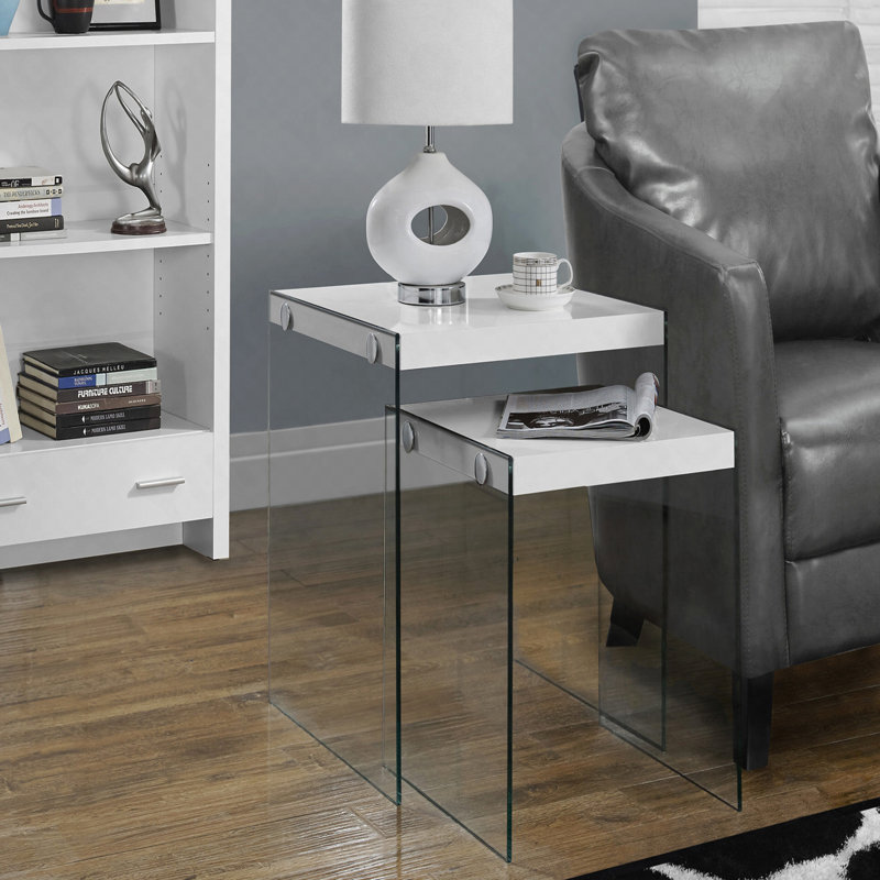 Ensemble de 2 tables gigognes en stratifié blanc brillant et verre trempé