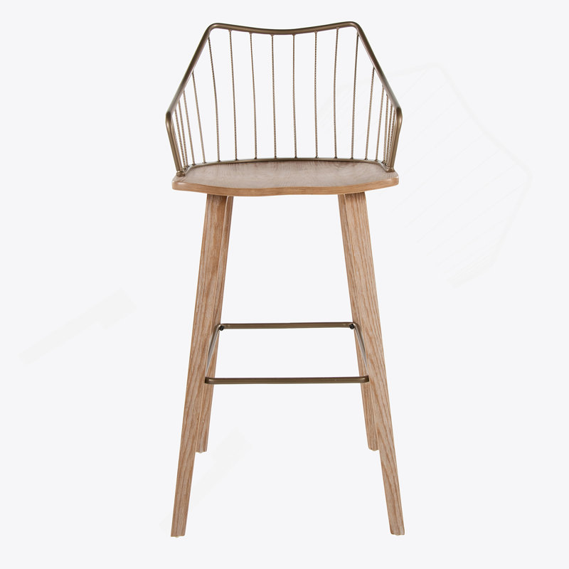 Tabouret de bar à hauteur fixe en bois blanchi et cuivre antique avec repose-pieds carré