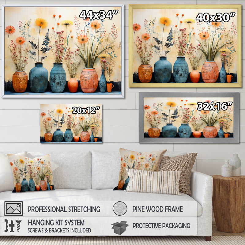 «Blue Floral Watercolor Pottery IV - Boho Pottery», art mural, H 34 po x l 44 po x P 1,5 po, Toile tendue