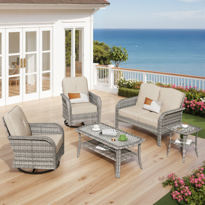 Ensemble de meubles de patio 5 pièces, canapé d'extérieur en osier avec chaises pivotantes, table basse, canapé-lit en rotin à dossier haut toutes saisons avec coussins confortables