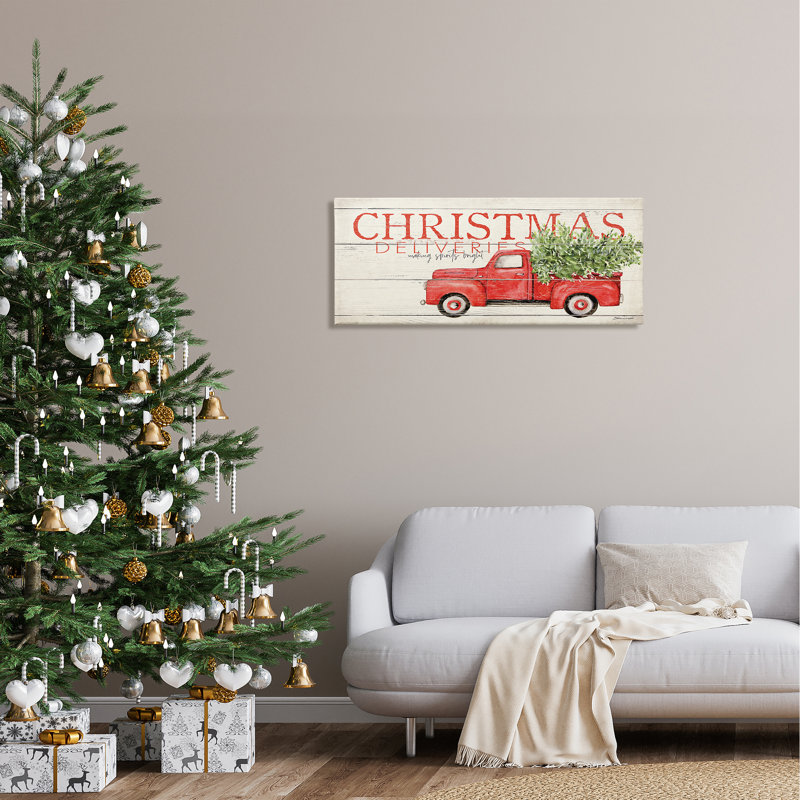 «Christmas Deliveries», camion rouge sur toile, H 17 po x l 40 po x P 1,5 po