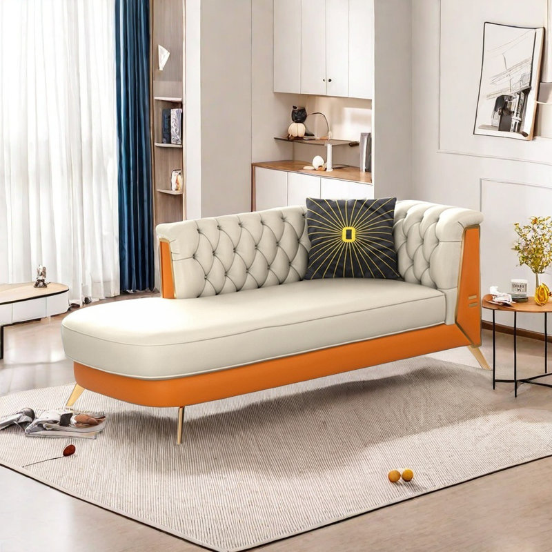 Chaise longue en similicuir, Blanc beige / orange