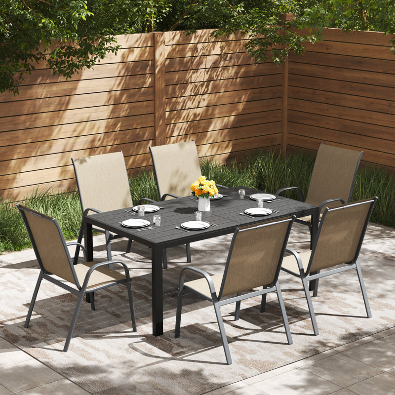 6 - Person Outdoor Patio Dining Set, 59.1'' Hdpe Dining Table & Stackable Chairs , All Weather Dining Set For Lawn, Garden, Backyard