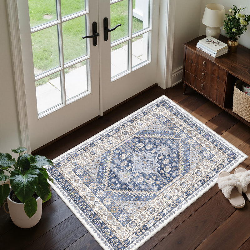 Machine Washable Oriental Floral Non Slip Indoor Area Rug, Beige, Rectangle 50cm x 80cm
