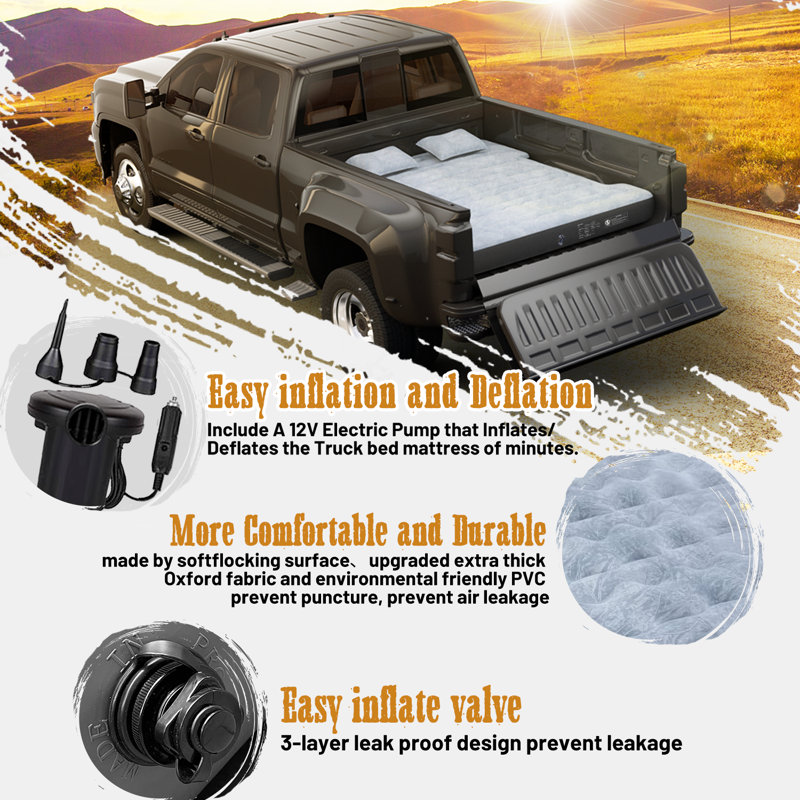 Matelas gonflable gonflable pour lit de camion avec pompe et sac à dos de 6 à 6,5 pi Jipson, gris