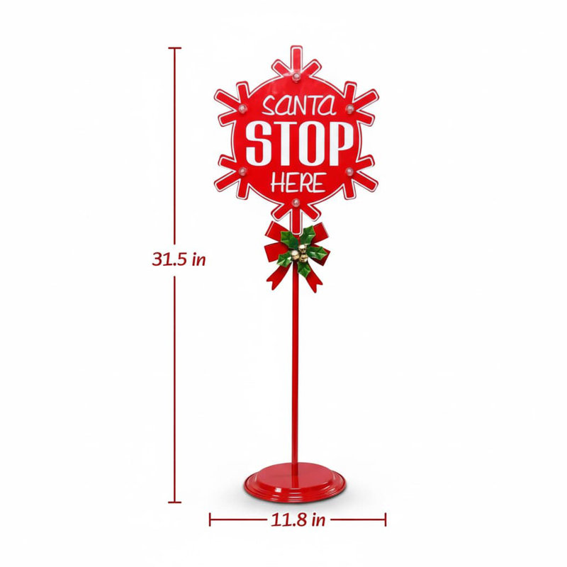 31” Lighted Metal Santa Stop Here Yard Stake - Christmas Porch Sign