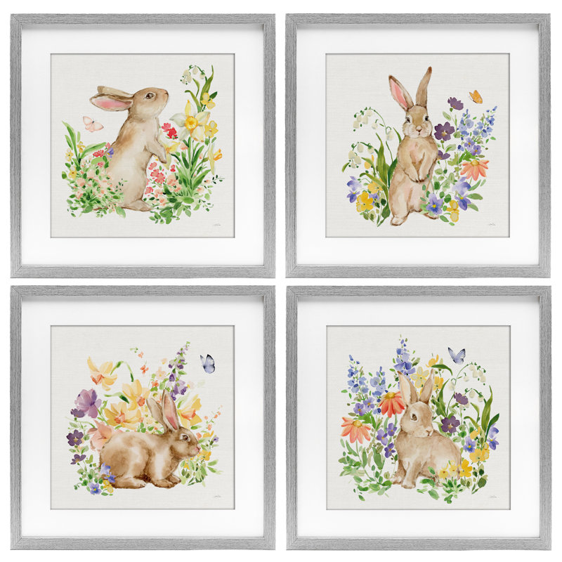 «Celebrate Spring Floral Bunnies», ensemble de 4 impressions encadrées sous verre, design par Katrina Pete, H 16 po x l 16 po