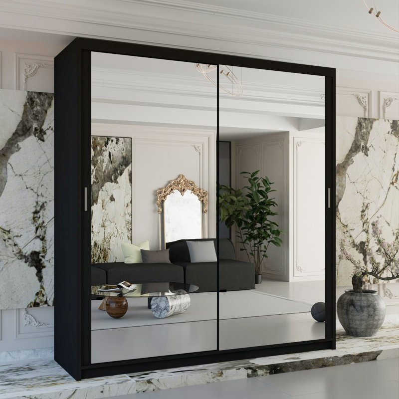 Branca Sliding Mirror Door Wardrobe with Shelves & Hanging Rails – Space-Saving Bedroom Storage – Multiple Sizes, Black