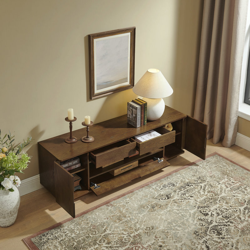 Meuble télé 59 po avec meuble télé moderne avec rangement ouvert, armoires et tiroirs, console de télévision incurvée pour salon et bureau