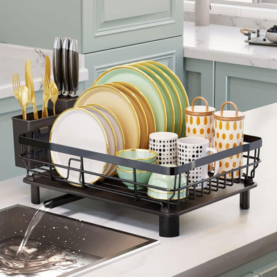 Metal Dish Drying Rack Automatic Drainage, Black, Large Removable Cutlery Basket, Drainboard & Knife Slots, Dish Drainers