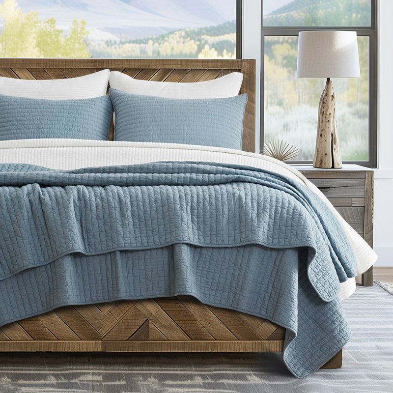 Cross Stitch Cotton Quilt set, Dusty Blue, Queen + 2 Shams