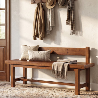55" Solid Wood Bench with Backrest, Narrow Shoe Bench for Hallway & Mudroom, Farmhouse Entryway Seat with Sturdy Legs