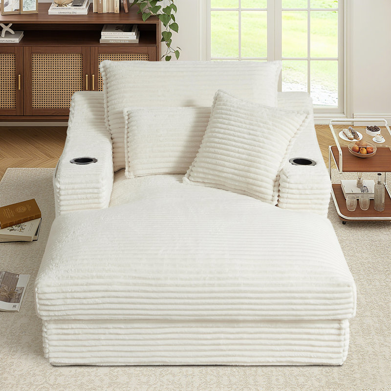 47.2" W Compression Corduroy Chaise Lounge, Deep Seat Sofa with Cup Holder and Storage Bag, No Assembly Required, White