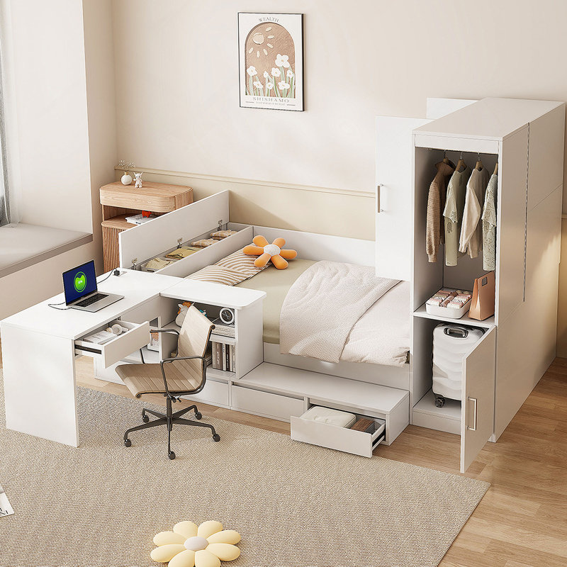 Lit plateforme complet en bois avec plusieurs solutions de rangement, bureau et garde-robe, parfait pour les espaces de vie organisés