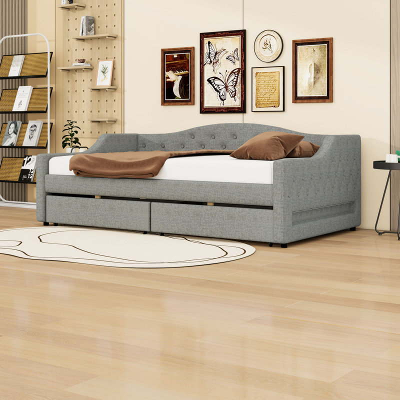 Lit de jour simple tapissier 2 tiroirs avec ceinture DEL, Gris