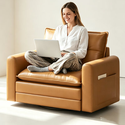 360°Swivel Accent Chair with Lumbar Support, Swivel Armchair with Deep Seat | Soft Faux Leather Upholstered, Metal Swivel Base, Brown Chairs for Reading & Relaxing, Living Room