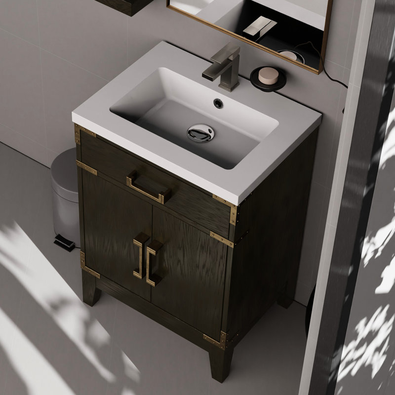 24 po De salle de bain en chêne brun, avec comptoir en acrylique, miroir, meuble-lavabo simple en chêne, comptoir,, Brown Oak