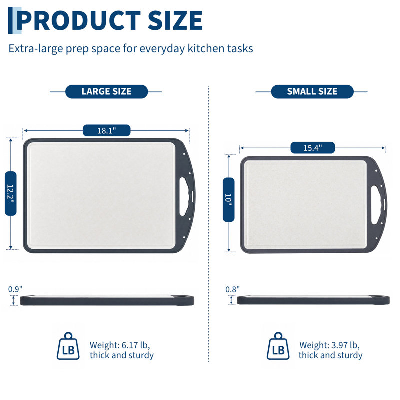 Lot de 2 planches à découper double face 2 en 1 en acier inoxydable et polypropylène paille de blé, avec poignée, rigole à jus, compatibles avec le lave-vaisselle