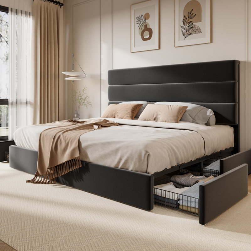 Modern Platform Bed Frame With 4 Storage Drawers And Velvet Upholstered Headboard, King, Black