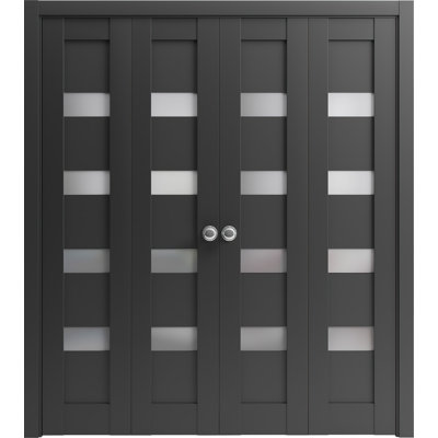 Sliding Closet Double Bi-fold Doors 96" x 80" (4* 24x80) Quadro 4113 Matte Black with Frosted Glass Sturdy Tracks Moldings Trims Hardware Set Wood Solid Bedroom Wardrobe Doors