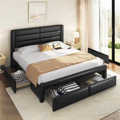 Avelle Vegan Leather Metal Platform Storage Bed with Drawers and Built-In USB Ports