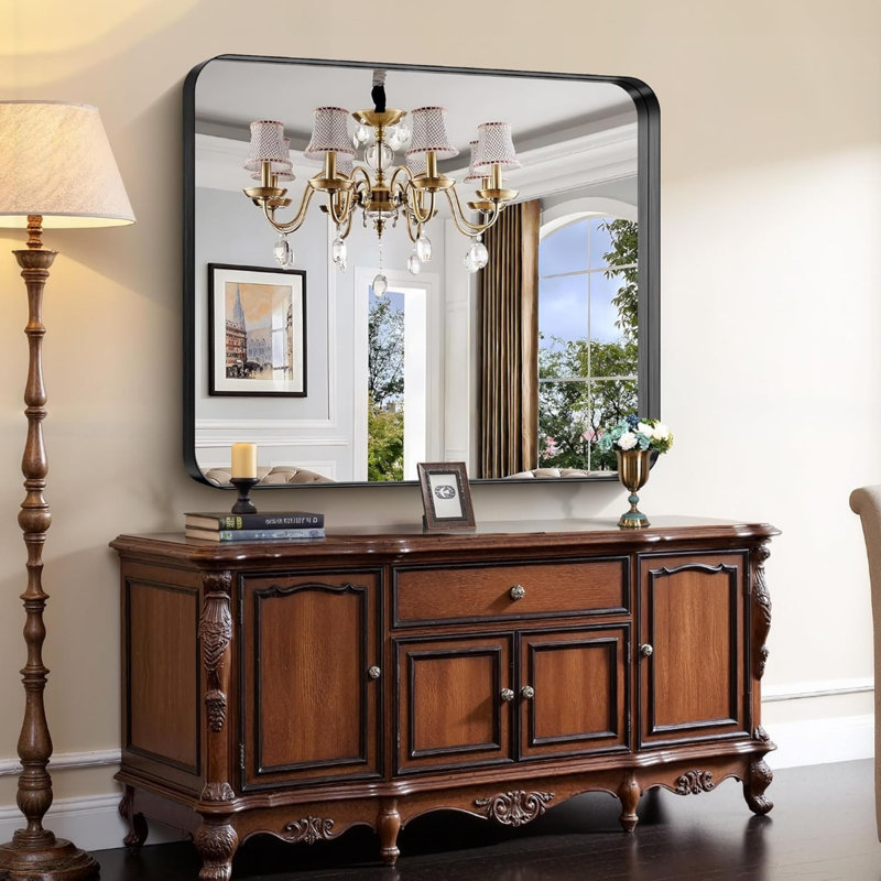 Miroir de salle de bain noir, miroir rectangulaire de 40 po x 48 po avec cadre en métal profond, coin arrondi, verre trempé, grand miroir mural, sur 2 lavabos, installé verticalement / horizontalement, cristal clair